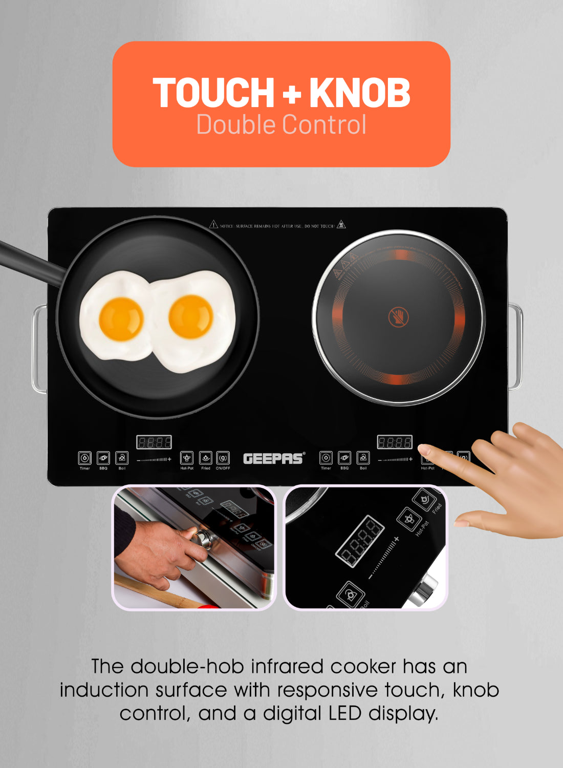 Geepas double Burner Infrared Cooker, 99mins Timer | LED Digital Display | 9 Temperature Settings | Child Lock | Ceramic Heating Element, Touch & Knob Control GIC6131 Multicolour