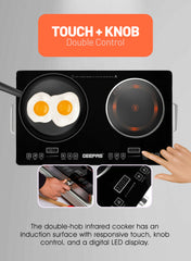Geepas double Burner Infrared Cooker, 99mins Timer | LED Digital Display | 9 Temperature Settings | Child Lock | Ceramic Heating Element, Touch & Knob Control GIC6131 Multicolour