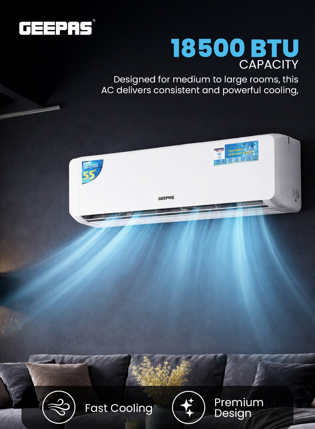 Geepas 1.5 Ton Split Type Air Conditioner| 18500 BTU Capacity LED Display, Auto Restart, Energy-Saving, Strong Airflow, Modern Design| GACS1825CUE