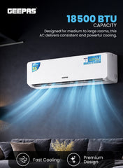 Geepas 1.5 Ton Split Type Air Conditioner| 18500 BTU Capacity LED Display, Auto Restart, Energy-Saving, Strong Airflow, Modern Design| GACS1825CUE