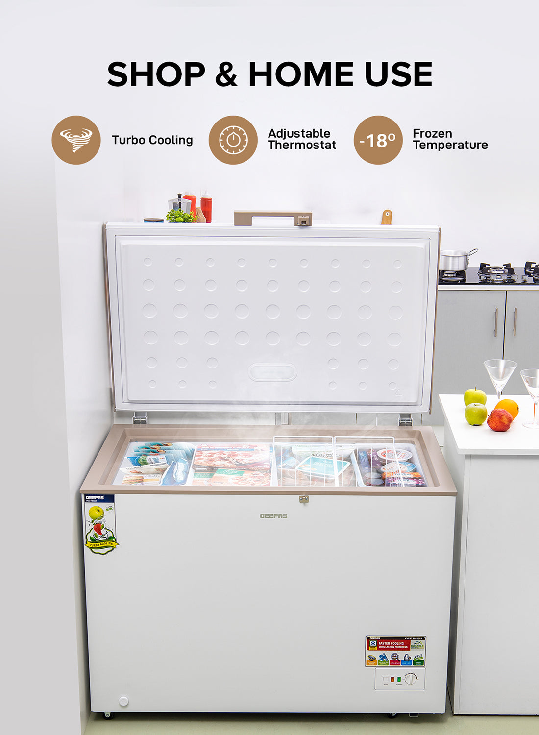 GEEPAS Chest Freezer, Freestanding Chest Freezer | 350L Deep Freezer with Adjustable Thermostat | 2pc Food Basket Included | LED Light | Comes with Lock & Key 350 L GCF3506WAH White