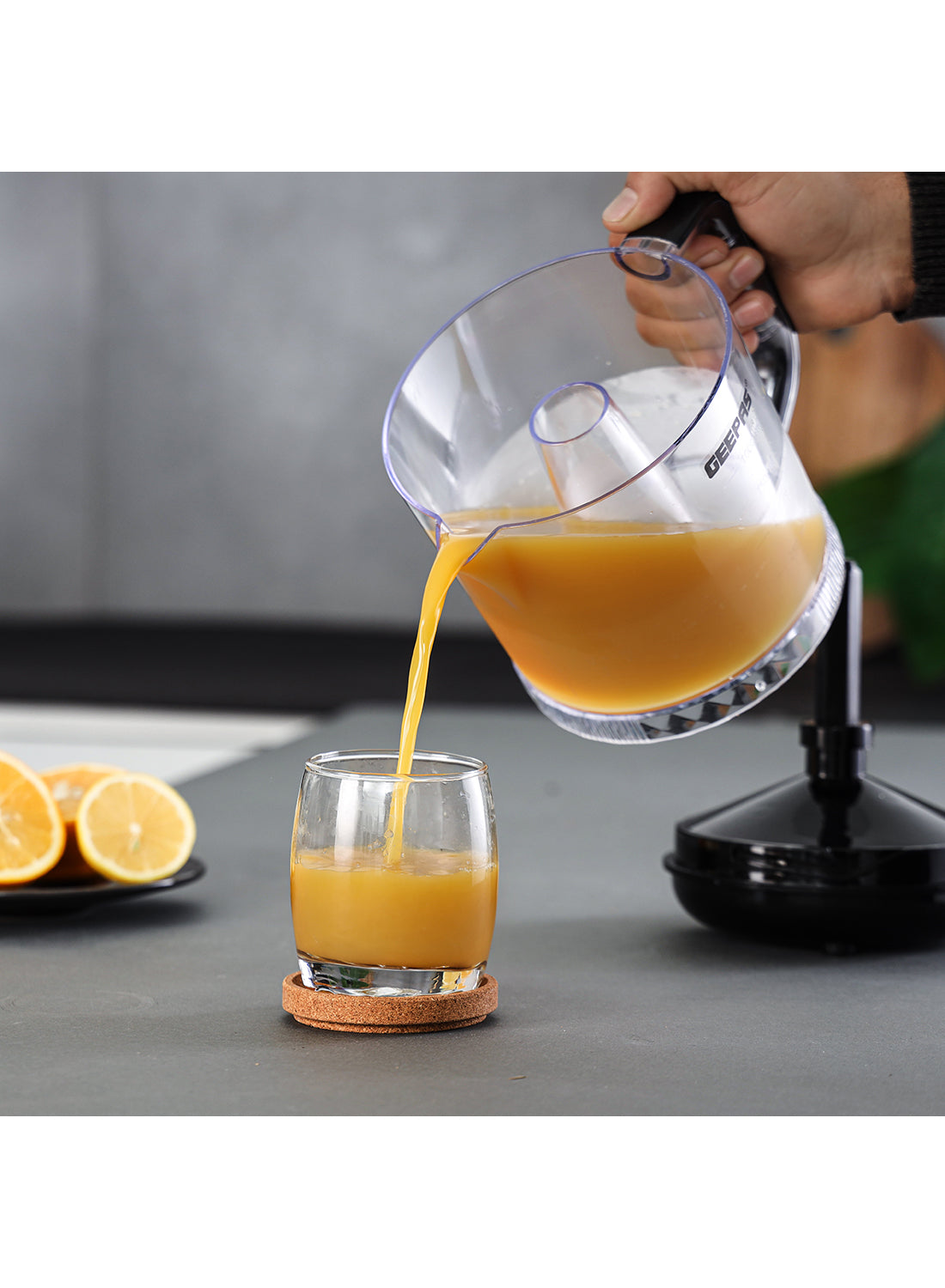 Geepas 1 L Citrus Juicer 25 W| Set includes 2 Cones, Jar and a Transparent Lid| Automatic Juicer for making Orange Juice, Lemon, and so on| Plastic Body with Non-Slip Feet| 2 Years Warranty 1 L 25 W GCJ9900N Yellow/White