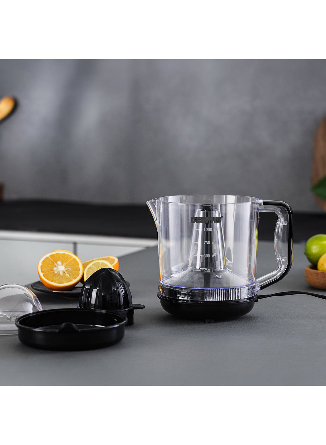 Geepas 1 L Citrus Juicer 25 W| Set includes 2 Cones, Jar and a Transparent Lid| Automatic Juicer for making Orange Juice, Lemon, and so on| Plastic Body with Non-Slip Feet| 2 Years Warranty 1 L 25 W GCJ9900N Yellow/White