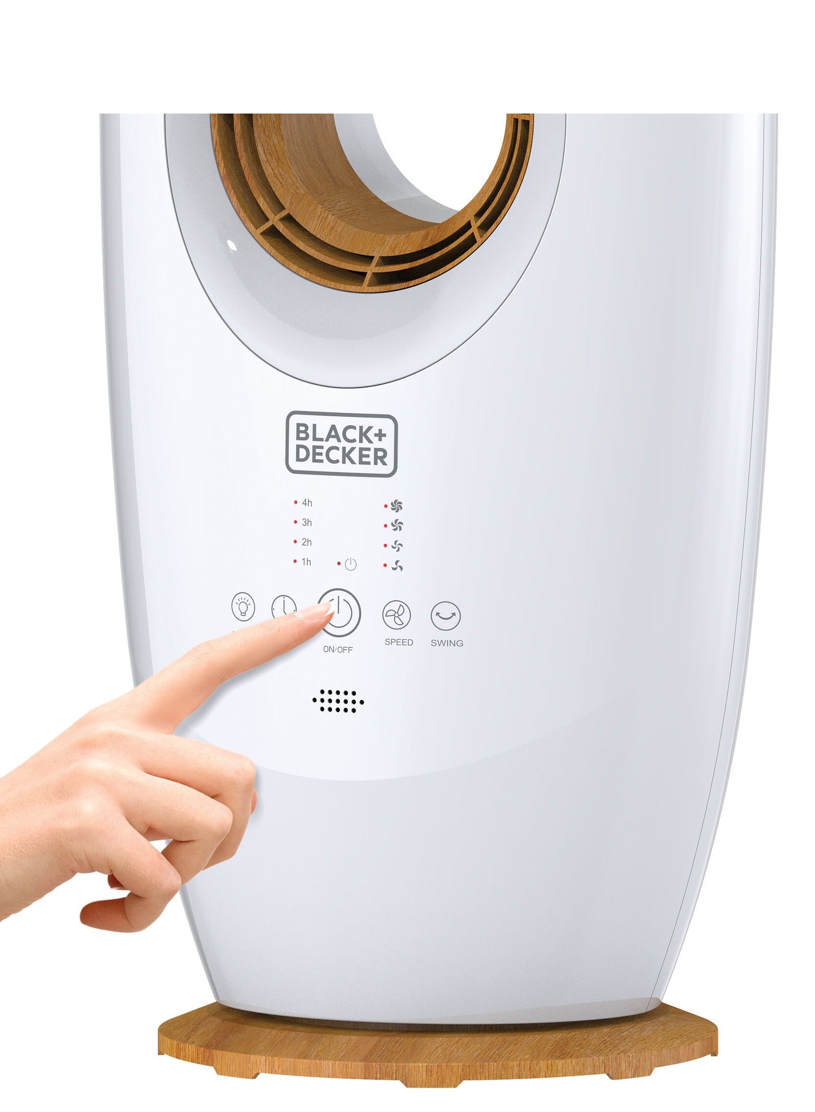 BLACK+DECKER 2 in 1 Bladeless Fan, 85cm, 70W Tropical Motor, Cool-White LED Lamp, Remote Control, 60° Wide Oscillation, Low Noise, Wooden Trim, Covers 40m², White - FBL85-B5