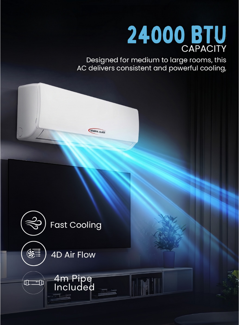 General Class 2 Ton Split Air Conditioner GC-24H1/S24 24000 BTU Cool & Heat | Rotary Compressor | R410 Refrigerant | 4M Pipe Included | Energy Efficient Split AC for Home & Office | Fast Cooling & Heating