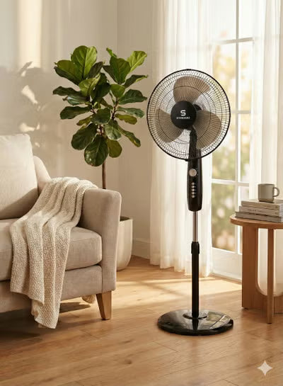 Standard 16" Stand Fan – Glanzo Model | 50W Powerful Copper Motor | 3 AS Aerodynamic Blades | Adjustable Height | Wide-Angle Oscillation | Low Noise Operation | Durable Black Finish | model number FOSGZBLK16021
