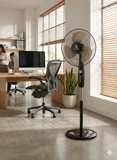 Standard 16" Stand Fan – Glanzo Model | 50W Powerful Copper Motor | 3 AS Aerodynamic Blades | Adjustable Height | Wide-Angle Oscillation | Low Noise Operation | Durable Black Finish | model number FOSGZBLK16021