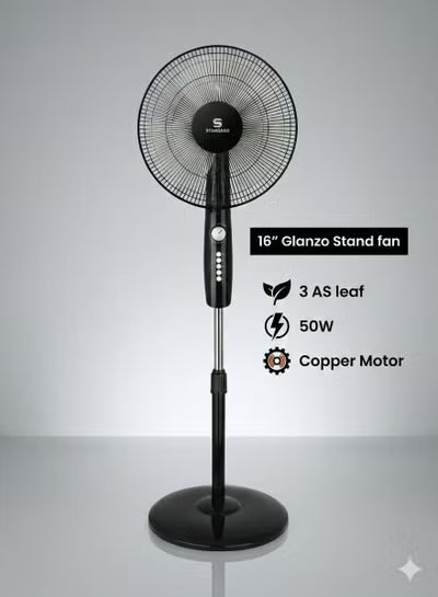 Standard 16" Stand Fan – Glanzo Model | 50W Powerful Copper Motor | 3 AS Aerodynamic Blades | Adjustable Height | Wide-Angle Oscillation | Low Noise Operation | Durable Black Finish | model number FOSGZBLK16021