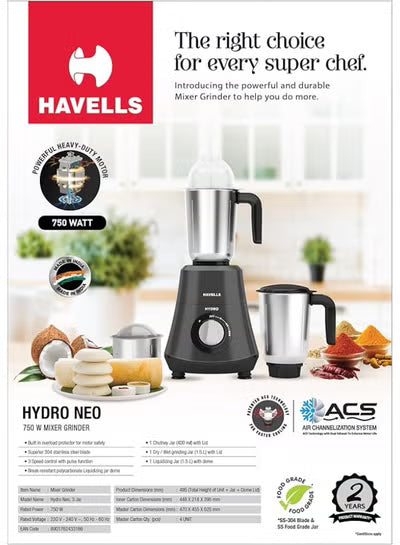 Havells Hydro Neo 750W Mixer Grinder – 1.5 L Liquidizing Jar, 1.5 L Wet & Dry Jar, 0.4 L Chutney Jar – Grey, 1‑Year Warranty