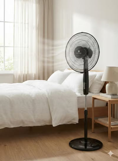 STANDARD 16" STAND FAN - Glanzo Pedestal with Remote Control | 50W Copper Motor, 3 AS Blades, Black | Model FOSGZBLK16121