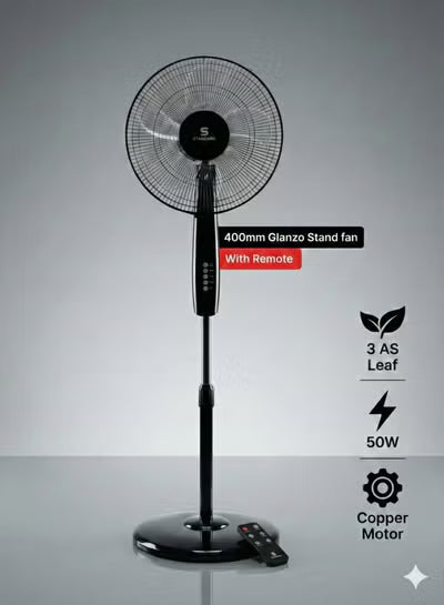 STANDARD 16" STAND FAN - Glanzo Pedestal with Remote Control | 50W Copper Motor, 3 AS Blades, Black | Model FOSGZBLK16121