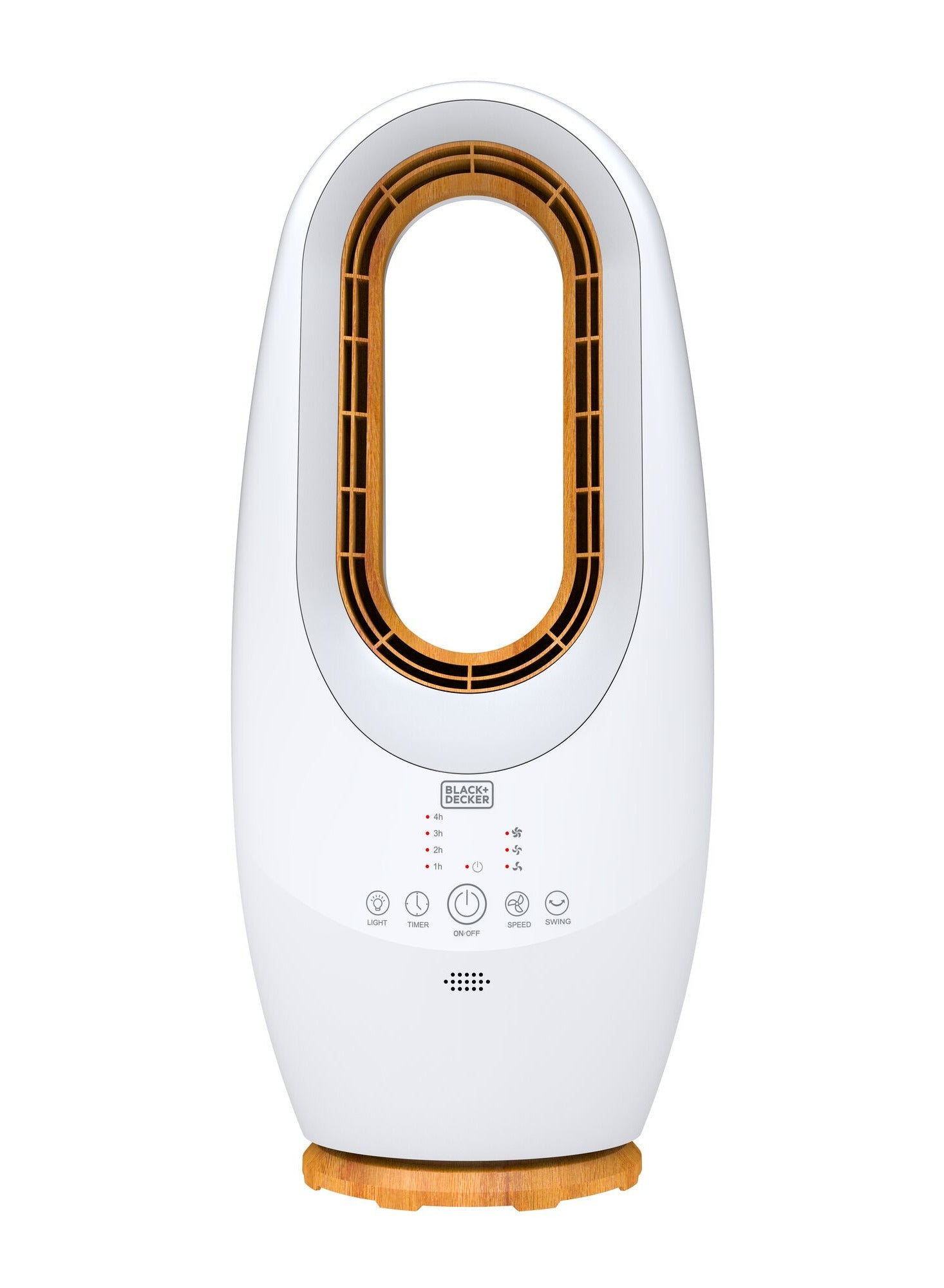 BLACK+DECKER 2-in-1 Bladeless Fan, 58cm, Cool-White LED Lamp, Remote Control, 60° Oscillation, 45W Tropical Motor, Low Noise, 20m² Coverage, Compact and Portable, Wooden Trim, White - FBL58-B5