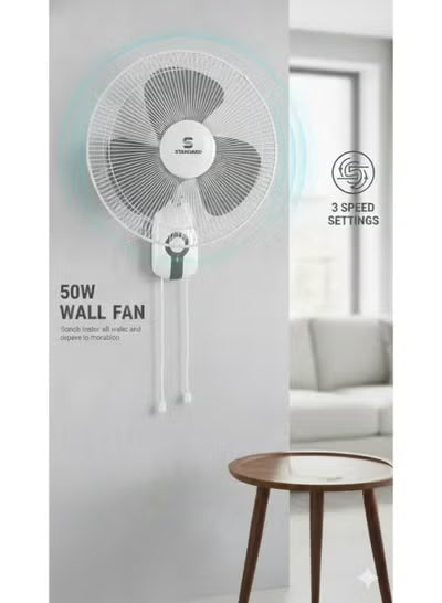 STANDARD 400mm Wall Fan | High-Speed Oscillation | 3 AS Blade | 50W Pure Copper Motor | Manual Control | Durable Black Finish for Home & Office